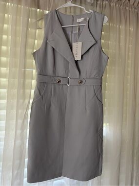 Razer Sleeveless Midi Sheath Dress in Light Gray with Notched Collar